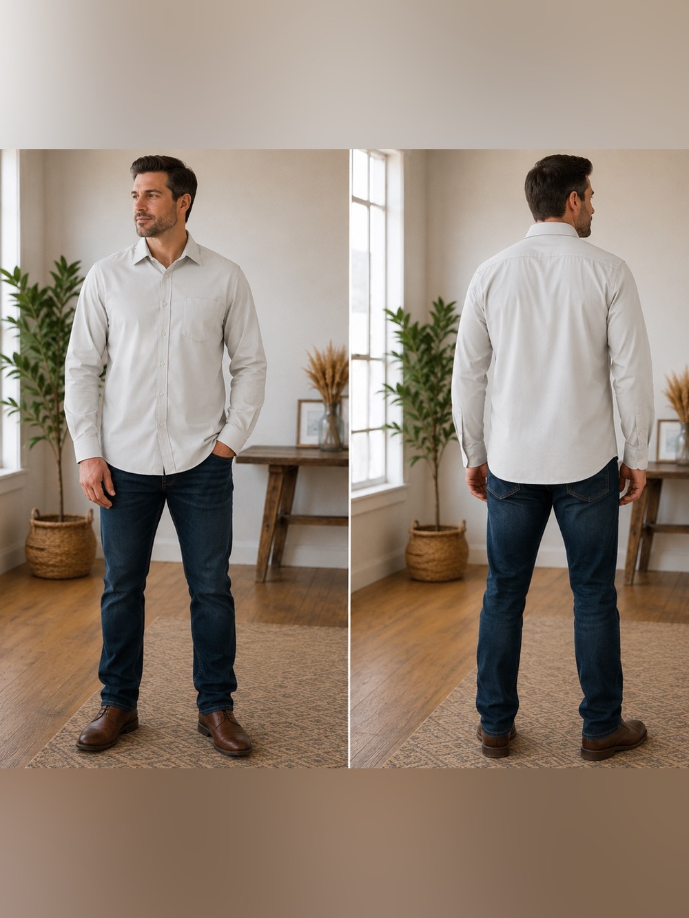 Calvin Klein Men's Off White Long-Sleeve Button-Down Shirt
